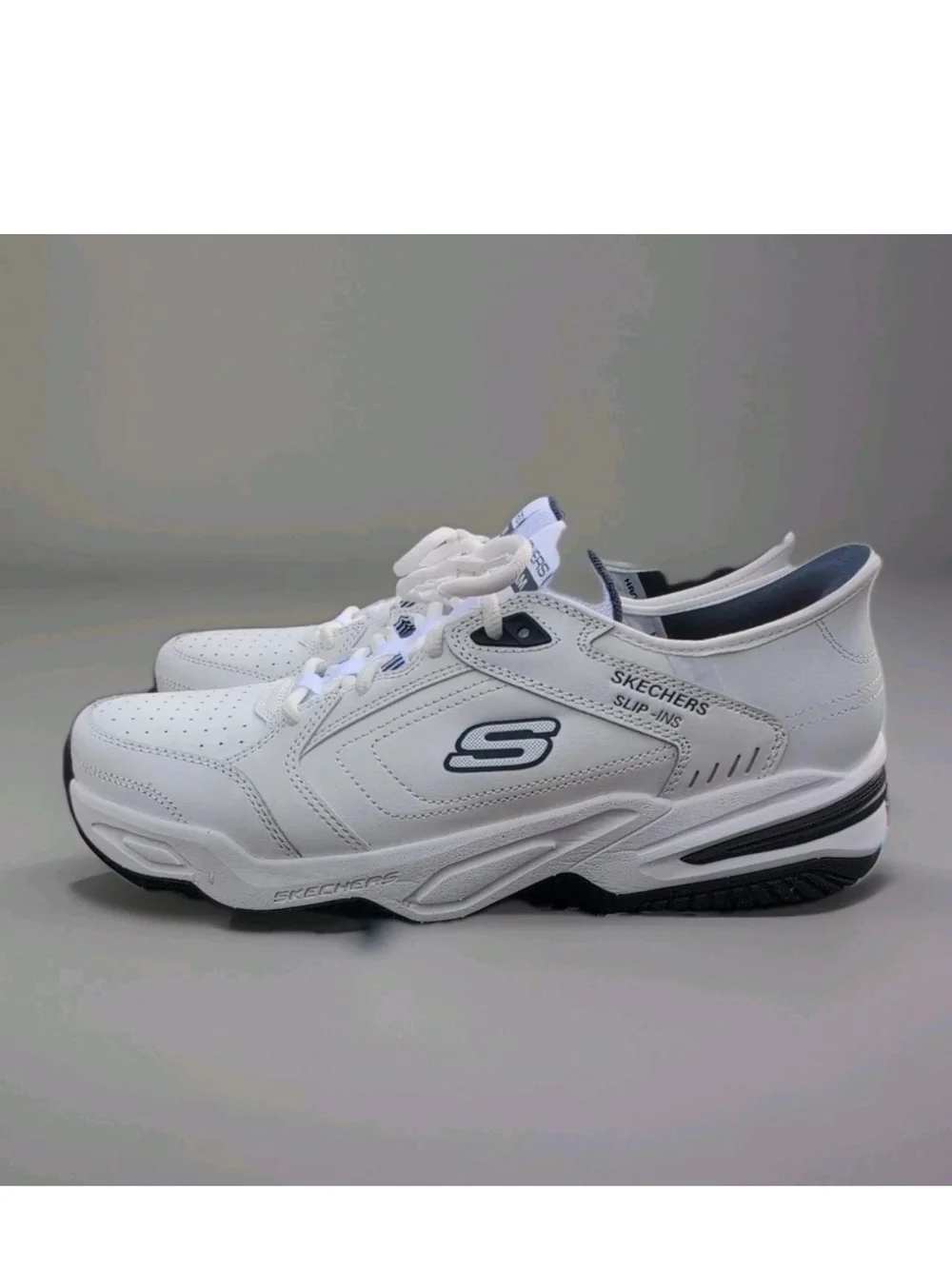 Skechers Sneakers Mens 13 White Blue Durham Delvor Slip Ins Relaxed Dad Shoes